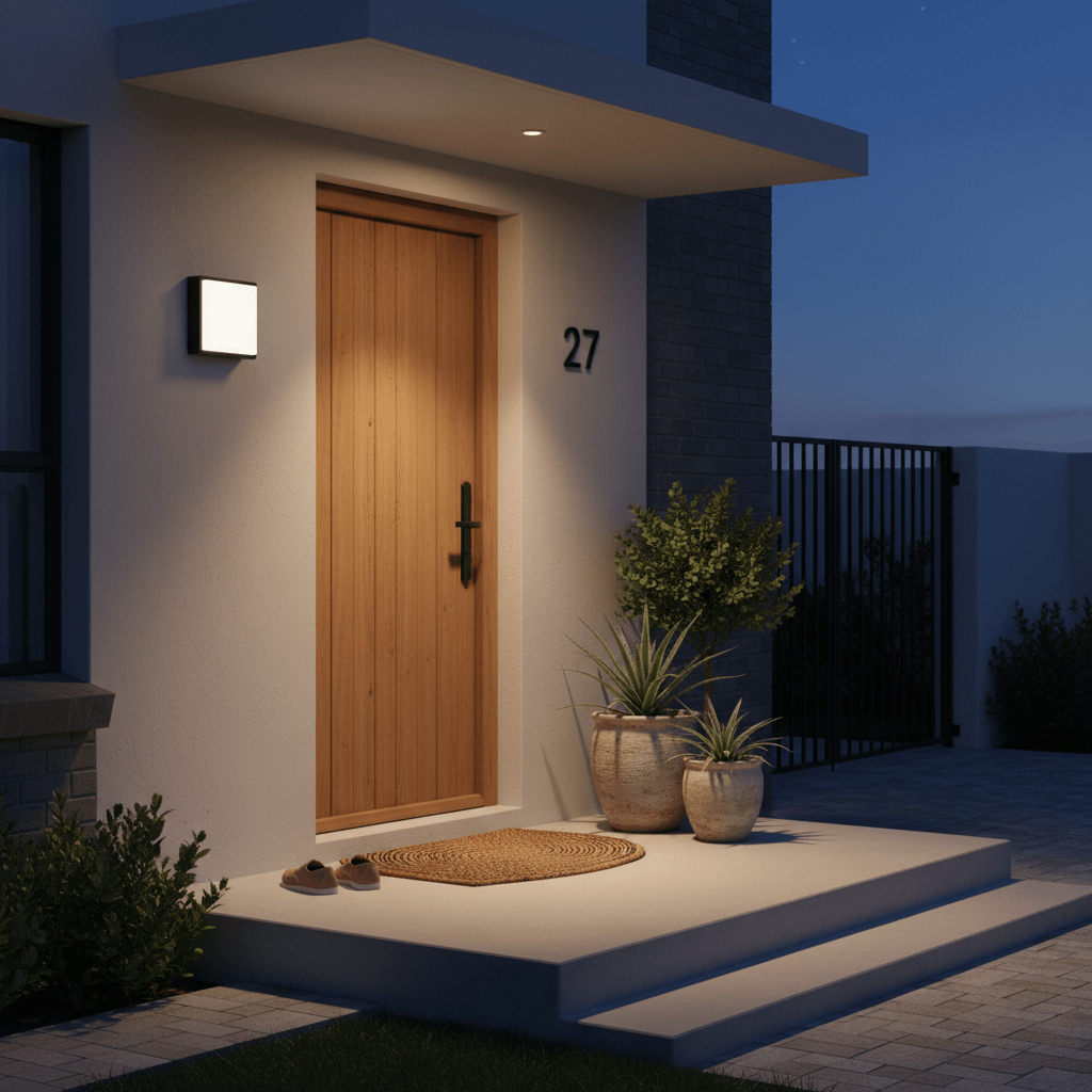 Modern outdoor wall light illuminating a front entrance with wooden door and potted plants.