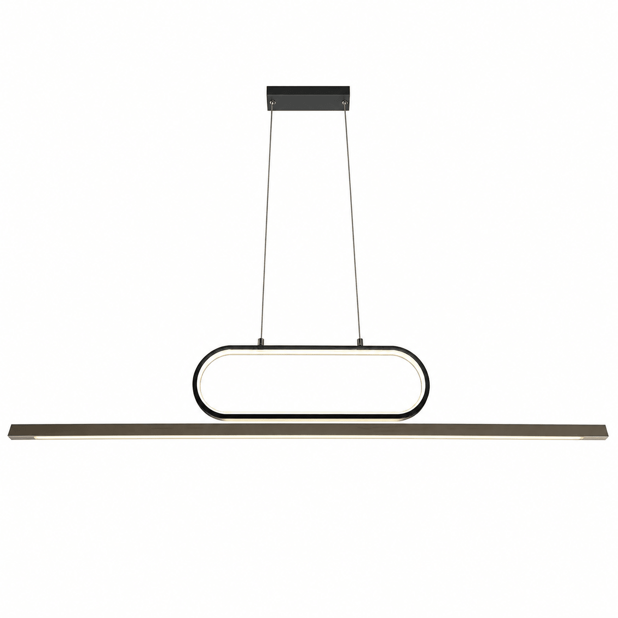 38W LED Woodline Linear Pendant light with a sleek black and wood design, suspended from a ceiling mount.