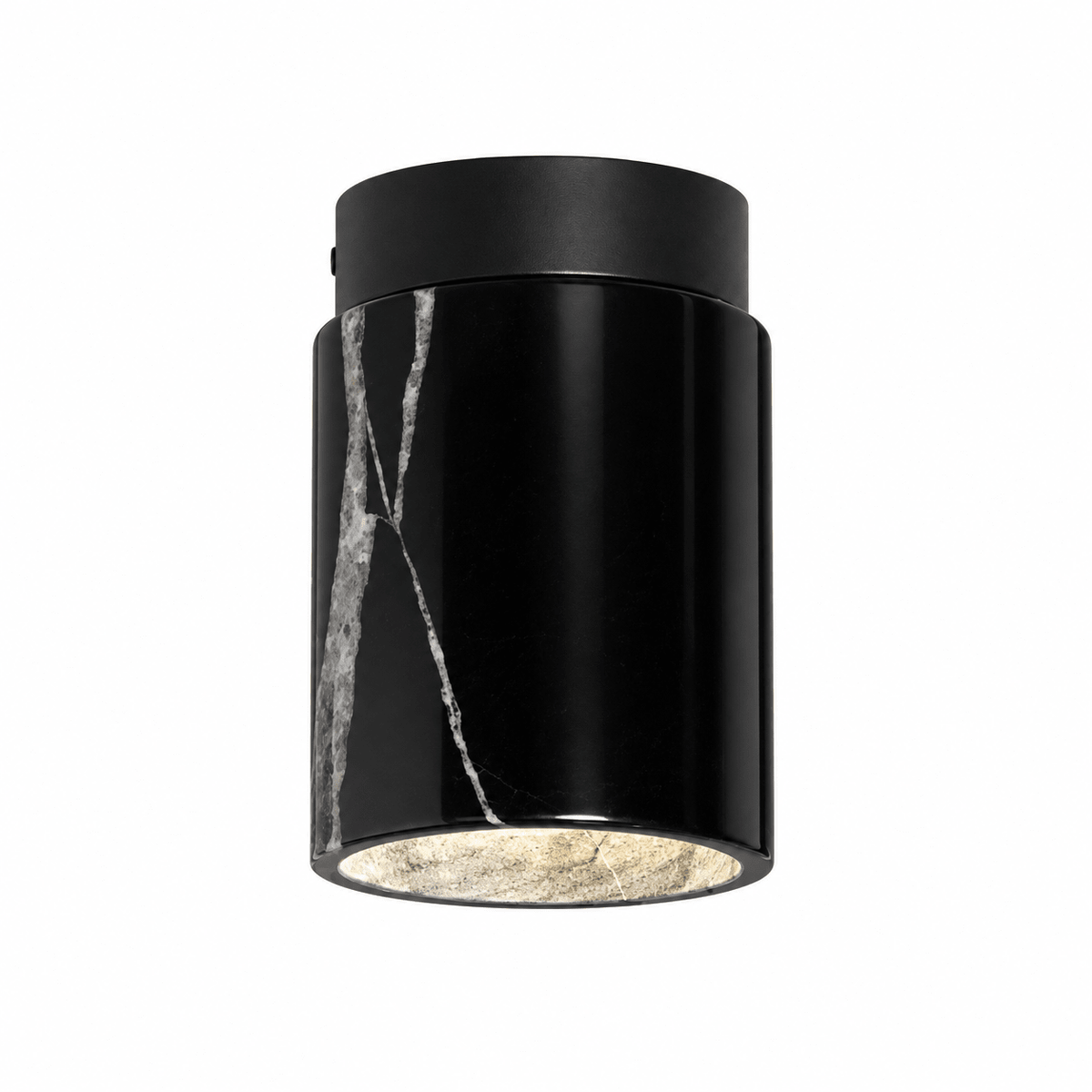 Black marble downlight holder with a sleek design, showcasing its elegant finish and light-emitting base.