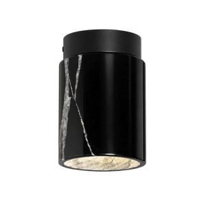 Cove Black Marble Downlight Holder featuring a sleek cylindrical design with a black marble finish and metallic top.