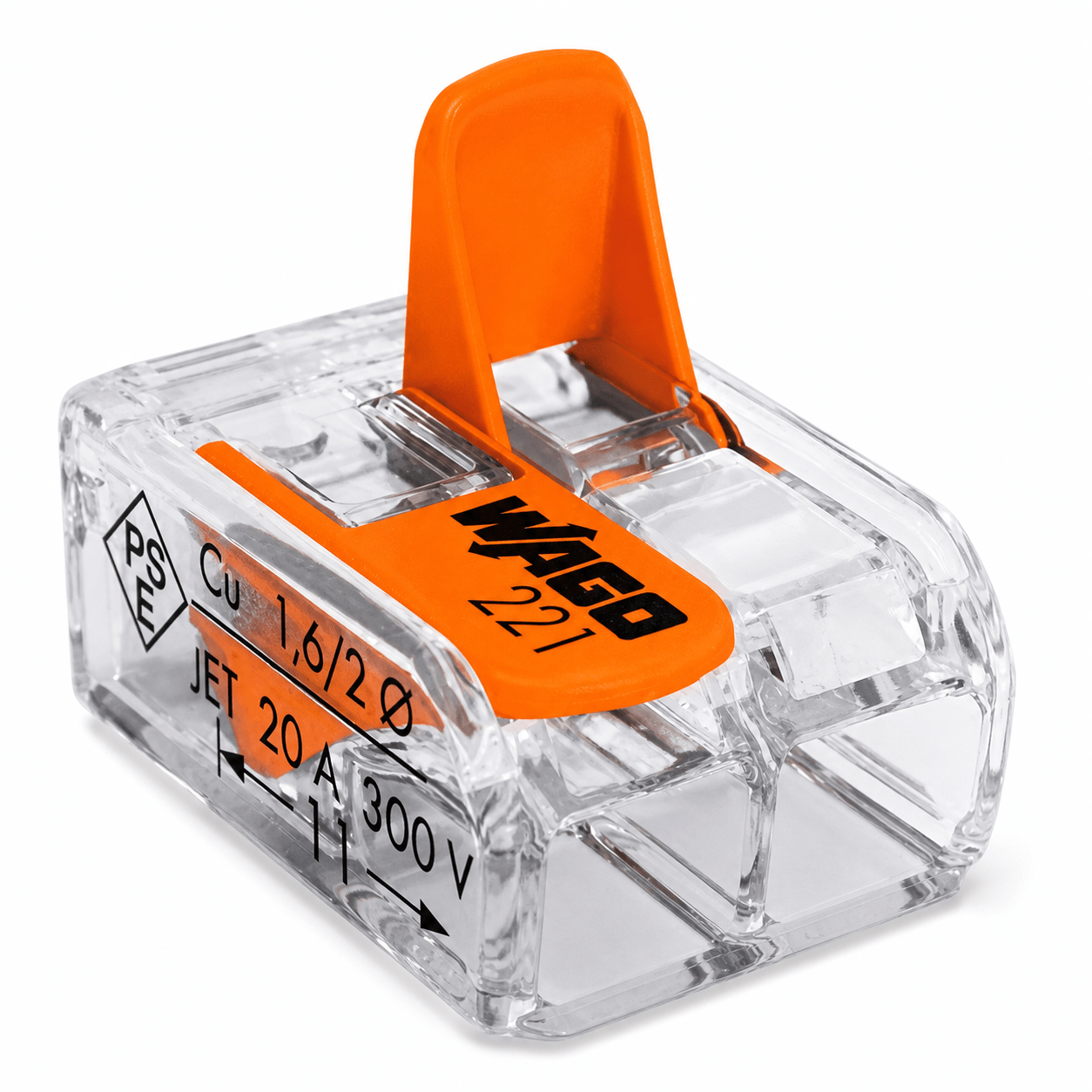 Wago Compact Splicing Connector with orange lever, showcasing clear housing and technical markings.