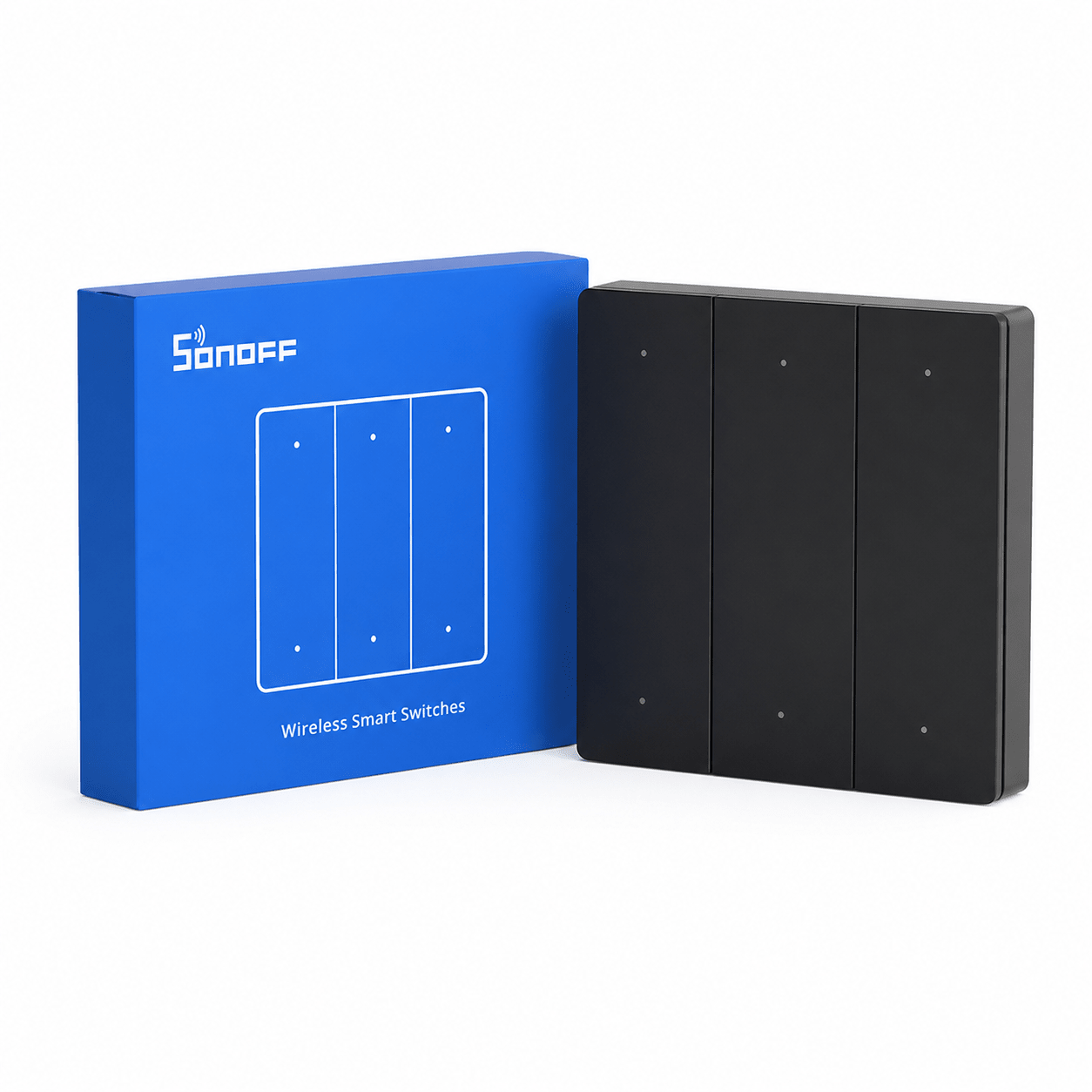 Sonoff R5 Remote Scene Controller in black next to its blue packaging, showcasing a sleek design.