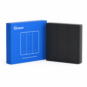 Sonoff R5 Remote Scene Controller in black next to its blue packaging, showcasing a sleek design.