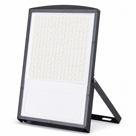 400W LED floodlight with grey die-cast aluminum body and PC lens, featuring a broad rectangular design.