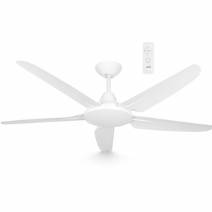5-blade white ceiling fan with remote control, showcasing a sleek modern design.