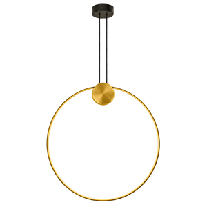 Gold circular pendant light with black ceiling mount and cords against green background