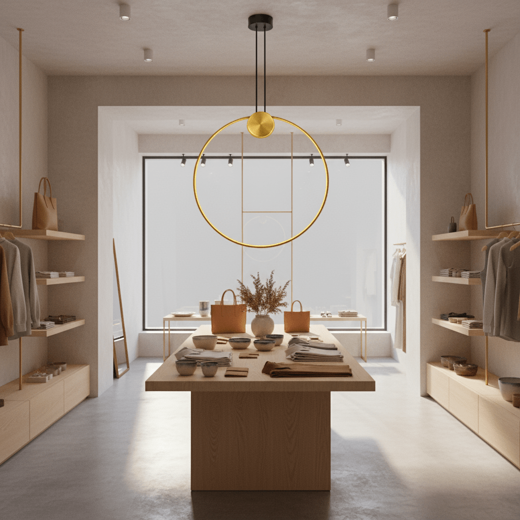Gold circular pendant light hanging over a wooden display table in a minimalist retail space