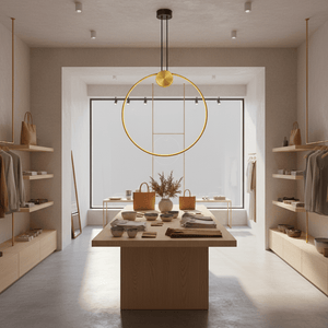 Gold circular pendant light hanging over a wooden display table in a minimalist retail space