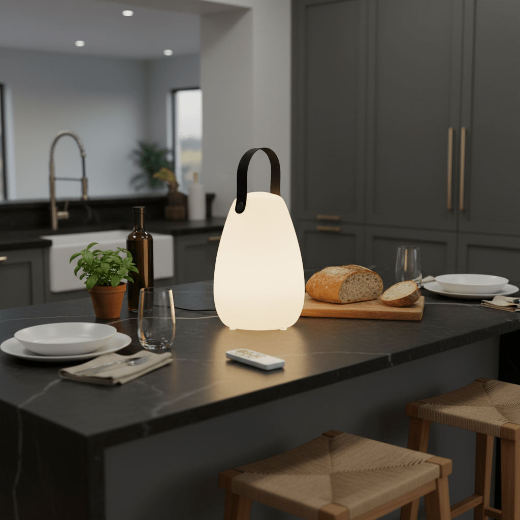 A rechargeable RGB LED lantern on a kitchen island, illuminating a dining setup with plates and bread.