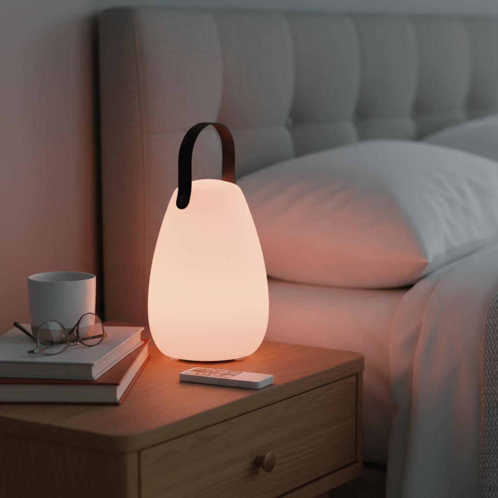 Rechargeable RGB LED lantern on a bedside table, glowing softly next to a cup and glasses.