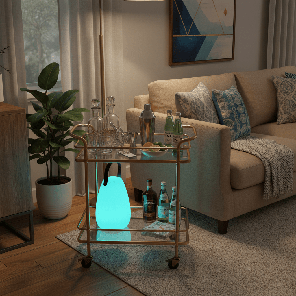 A glowing RGB LED lantern on a stylish bar cart, surrounded by drinks and a cozy living room setting.