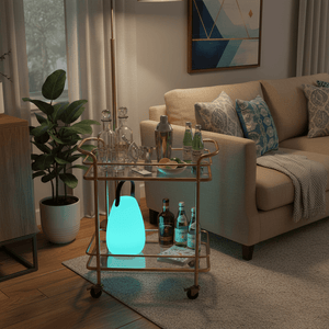 A glowing RGB LED lantern on a stylish bar cart, surrounded by drinks and a cozy living room setting.