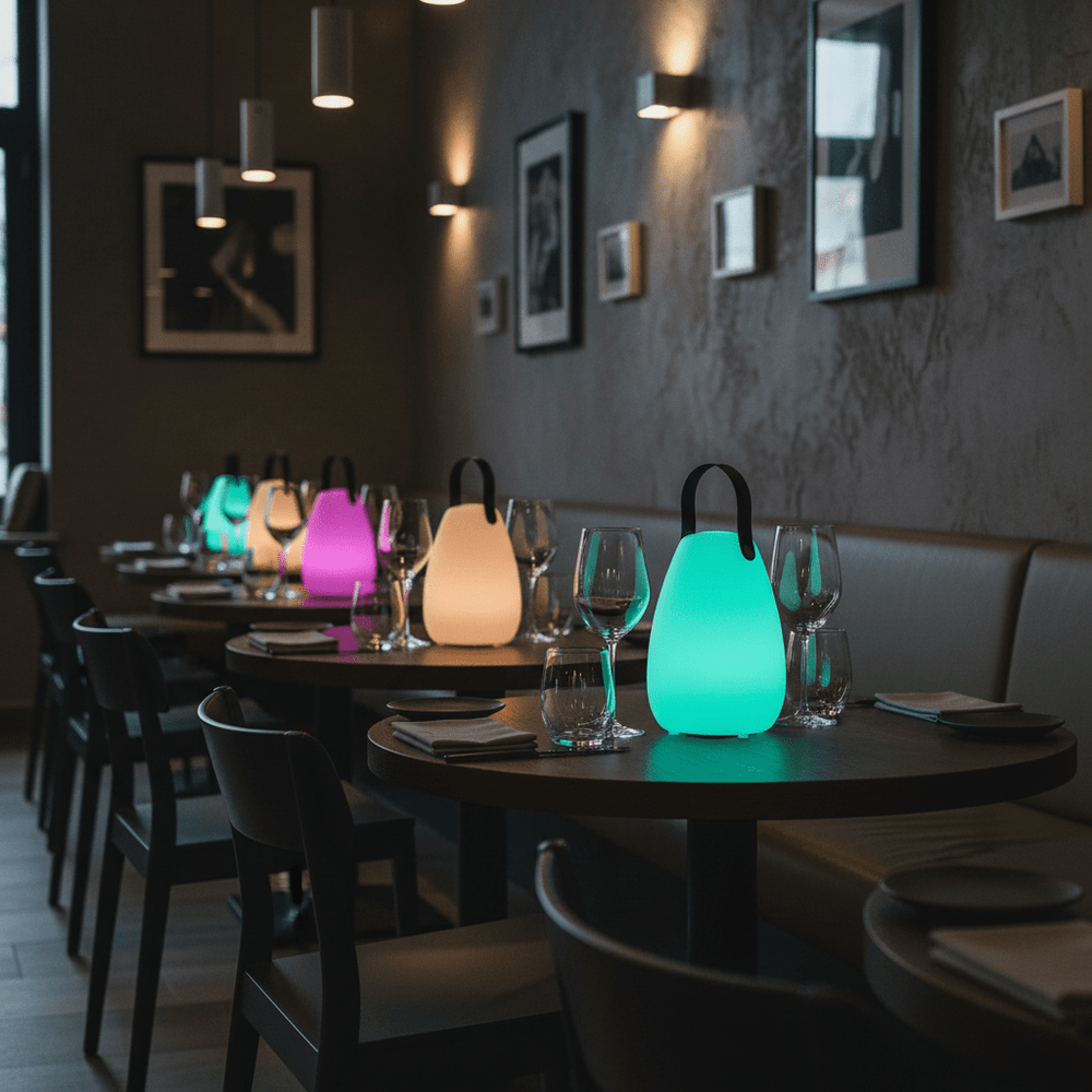 Colorful RGB LED lanterns on restaurant tables, creating a vibrant dining atmosphere.