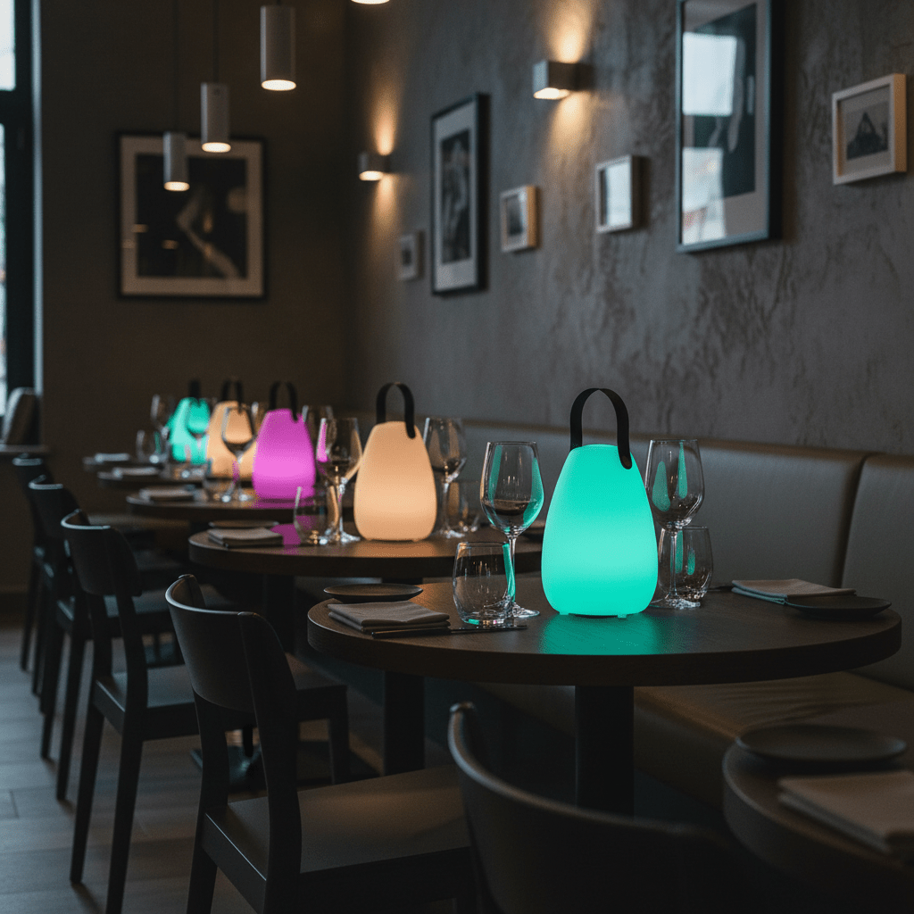 Colorful RGB LED lanterns on restaurant tables, creating a vibrant dining atmosphere.