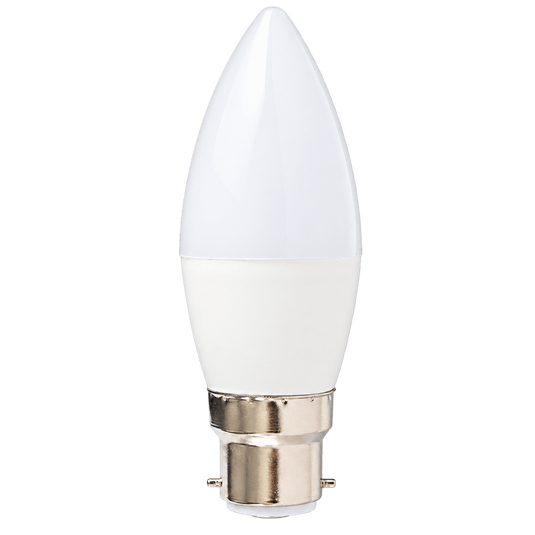 White candle-shaped LED bulb with silver bayonet base on transparent background