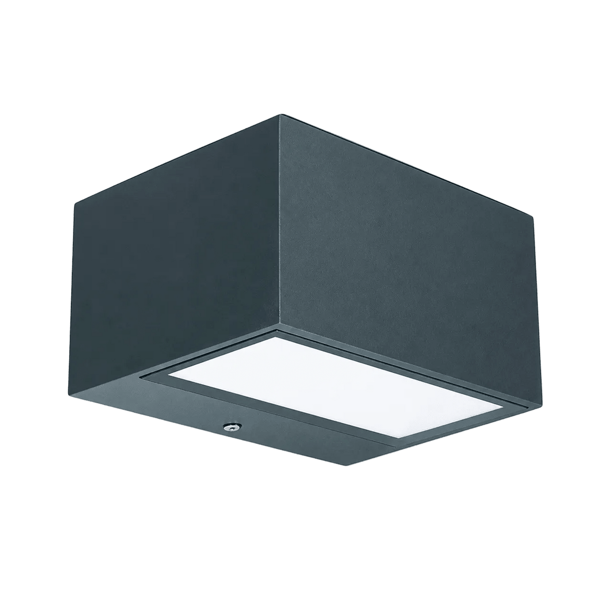 Anthracite cube-shaped outdoor wall light with rectangular illuminated panel