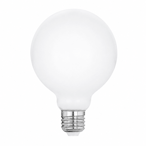 A classic frosted glass globe light bulb with a silver-colored screw base, shown against a solid white background.