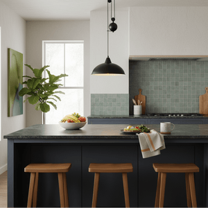 Colchester Black Pulley Pendant Light hanging above a kitchen island with a bowl of fruit and wooden stools.