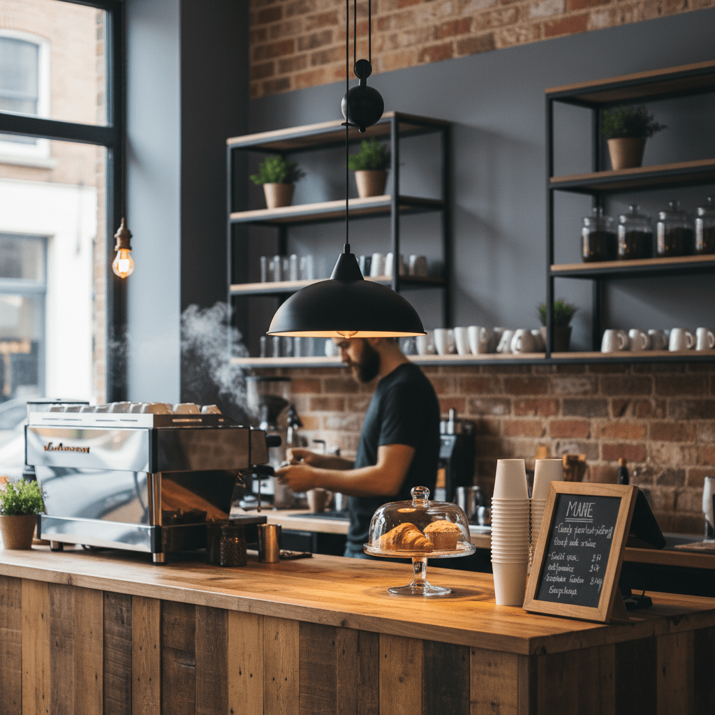 Colchester Black Pulley Pendant Light hanging above a wooden café counter, illuminating a barista at work.