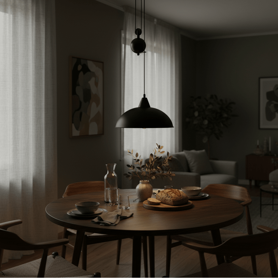 Colchester Black Pulley Pendant Light hanging above a wooden dining table set with plates and a vase.