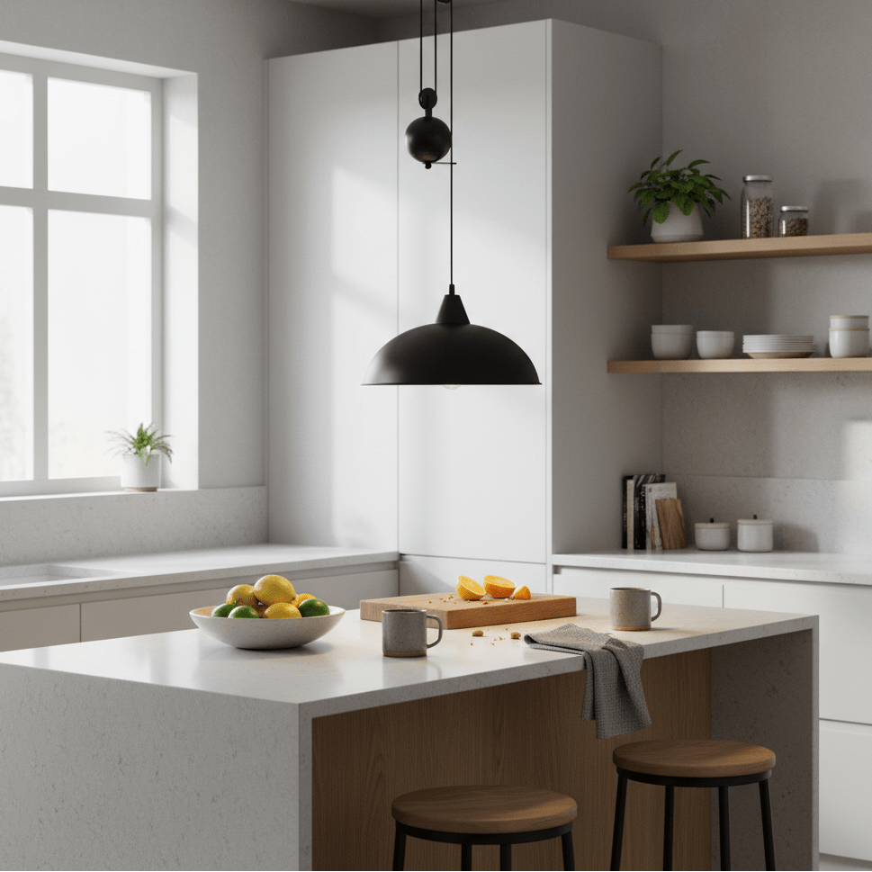 Colchester Black Pulley Pendant Light hanging over a kitchen island with fruits and mugs on the counter.