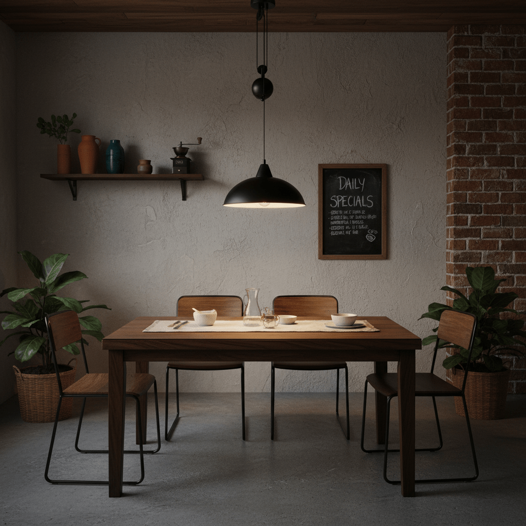 Colchester Black Pulley Pendant Light hanging above a wooden dining table set with dishes in a cozy interior.