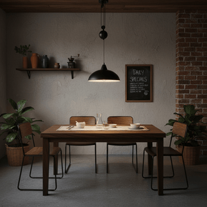 Colchester Black Pulley Pendant Light hanging above a wooden dining table set with dishes in a cozy interior.