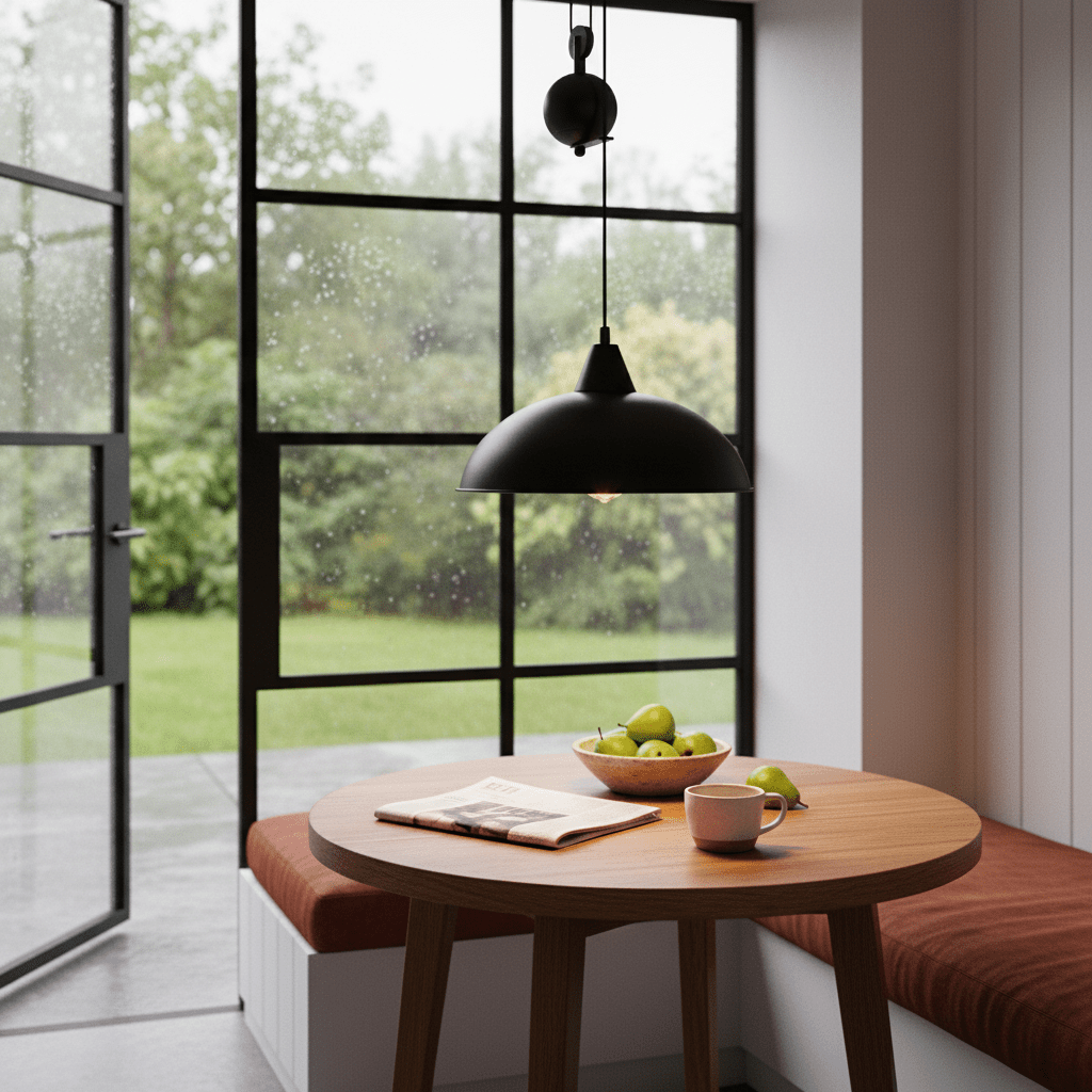 Colchester Black Pulley Pendant Light hanging above a round wooden table with a bowl of fruit and a cup.