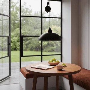 Colchester Black Pulley Pendant Light hanging above a round wooden table with a bowl of fruit and a cup.