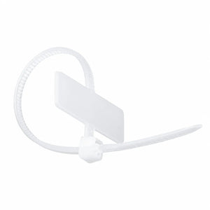 White marker cable tie with a write-on label area, designed for organizing cables.