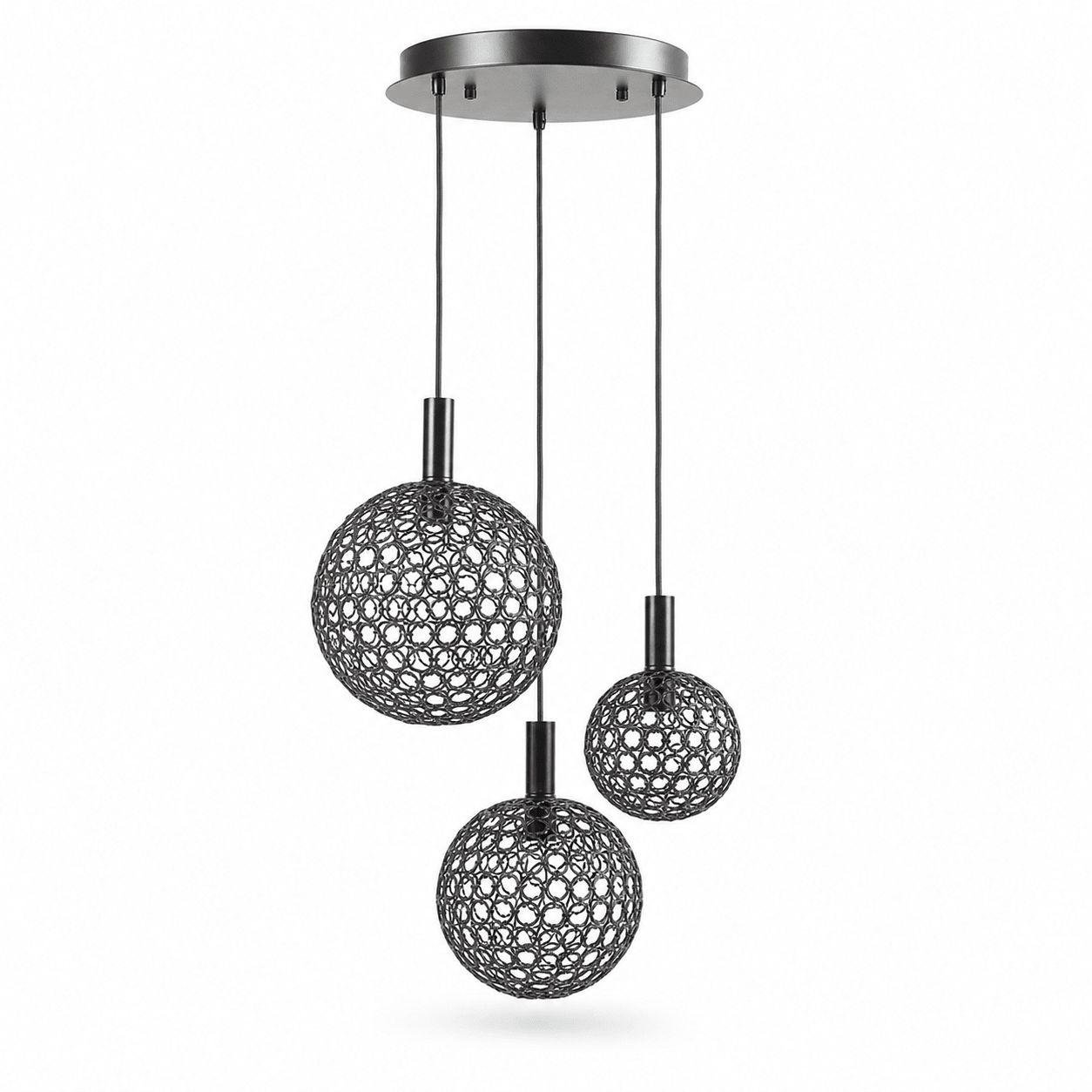 Round metal ring LED pendant light with three spherical shades hanging from a ceiling plate.