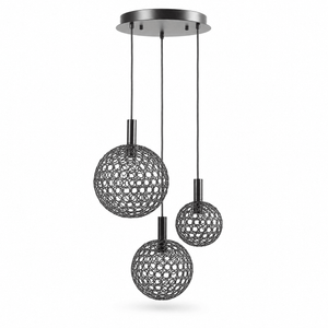 Round metal ring LED pendant light with three spherical shades hanging from a ceiling plate.
