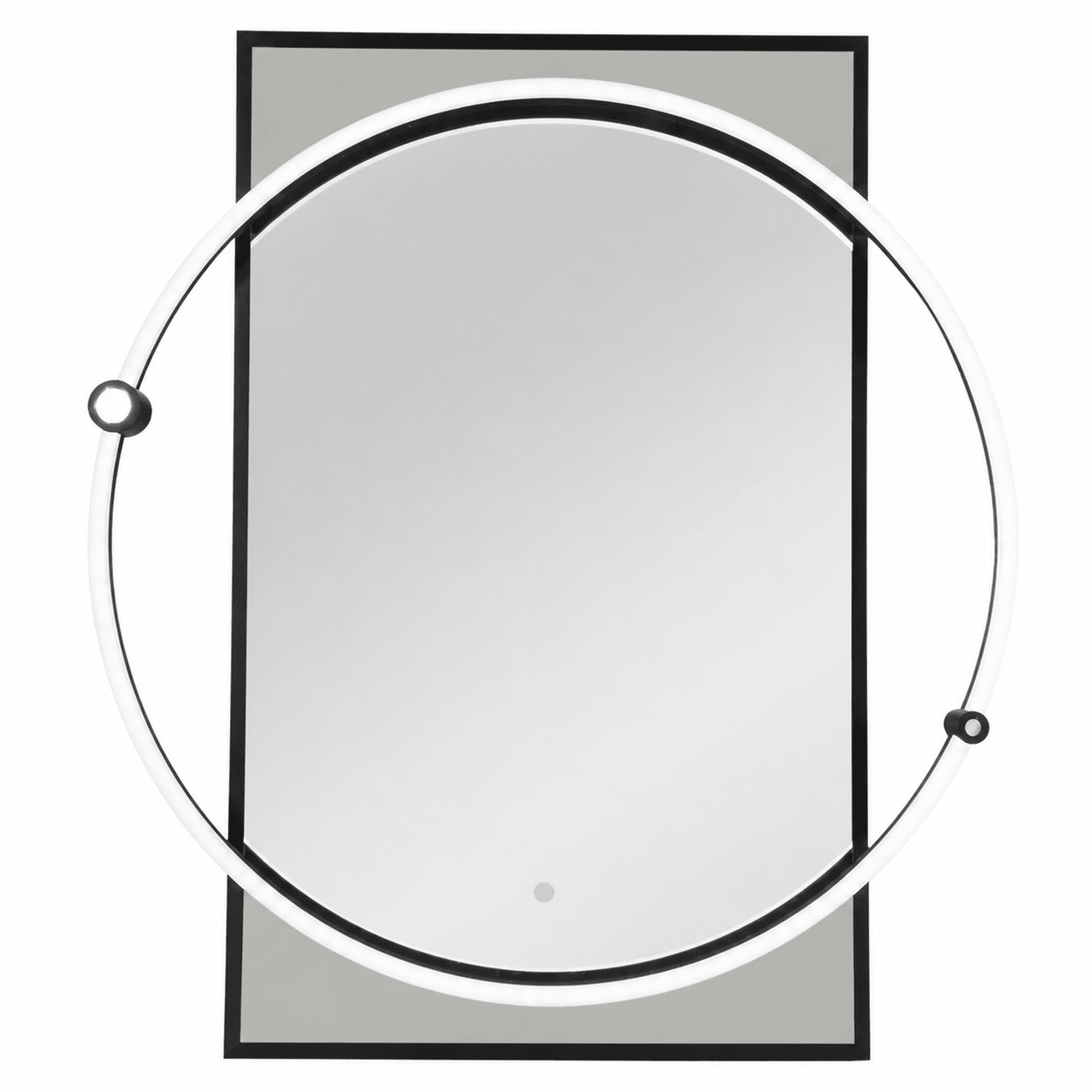 Sleek rectangular LED mirror with a circular light accent and touch control feature.