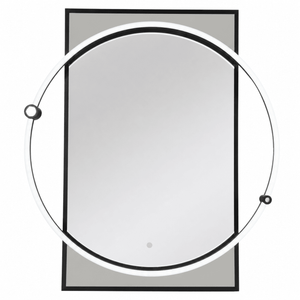 Sleek rectangular LED mirror with a circular light accent and touch control feature.
