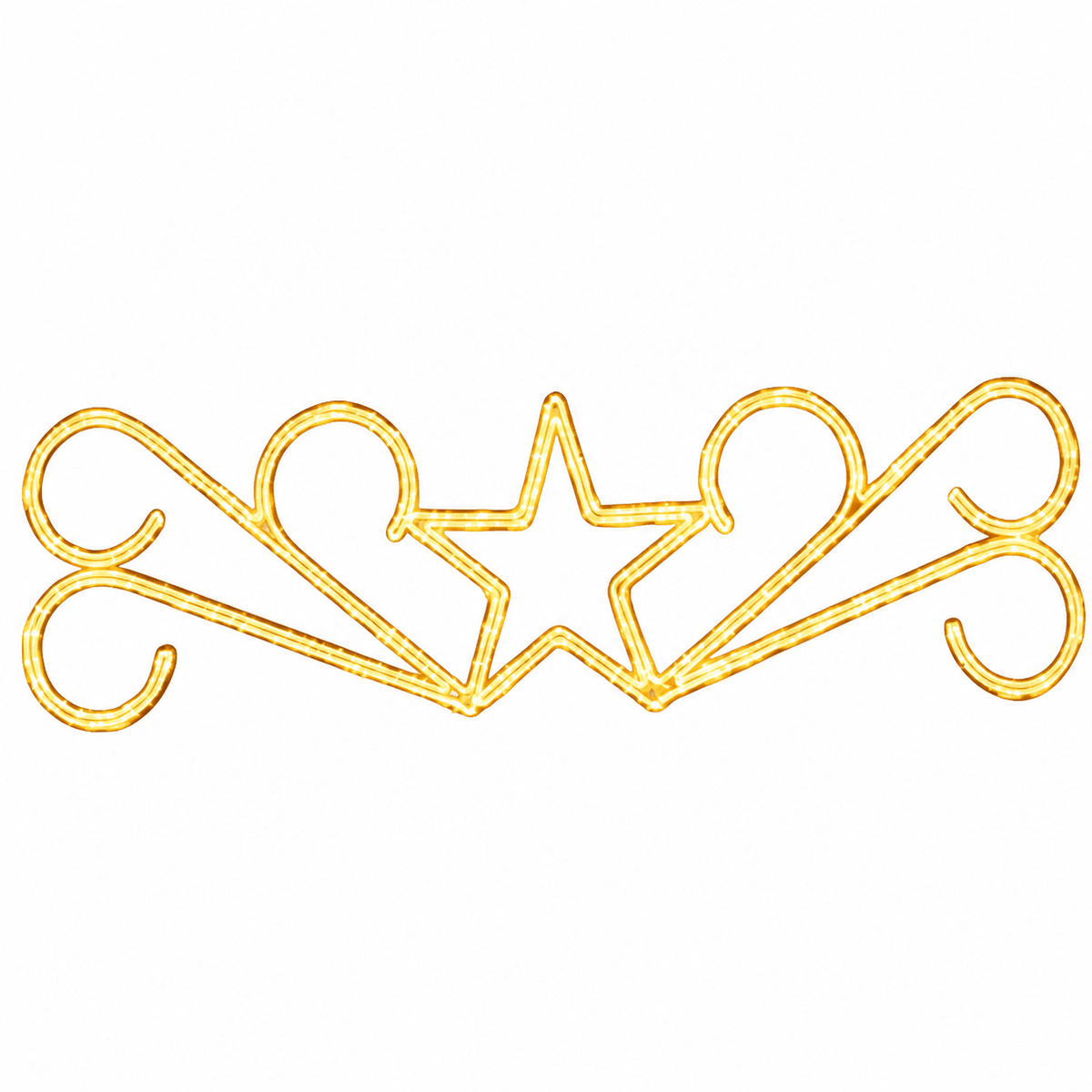 LED Christmas lights in a decorative star motif, glowing warmly against a white background.
