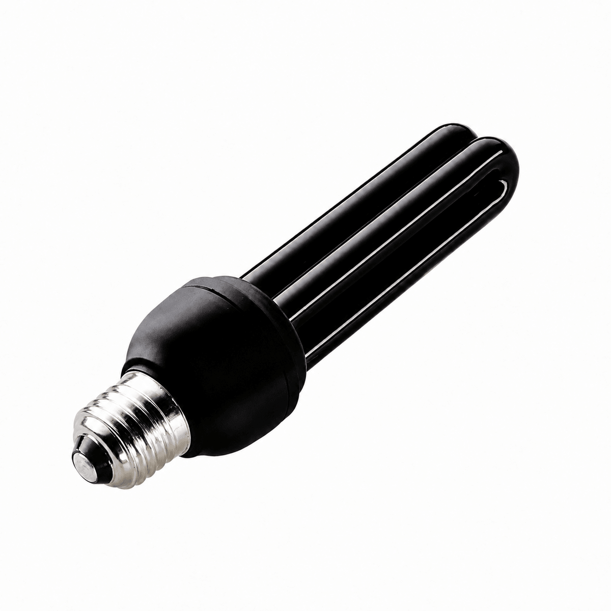 UV black light bulb with E27 base, featuring a sleek black design and dual tube structure.