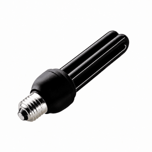 UV black light bulb with E27 base, featuring a sleek black design and dual tube structure.
