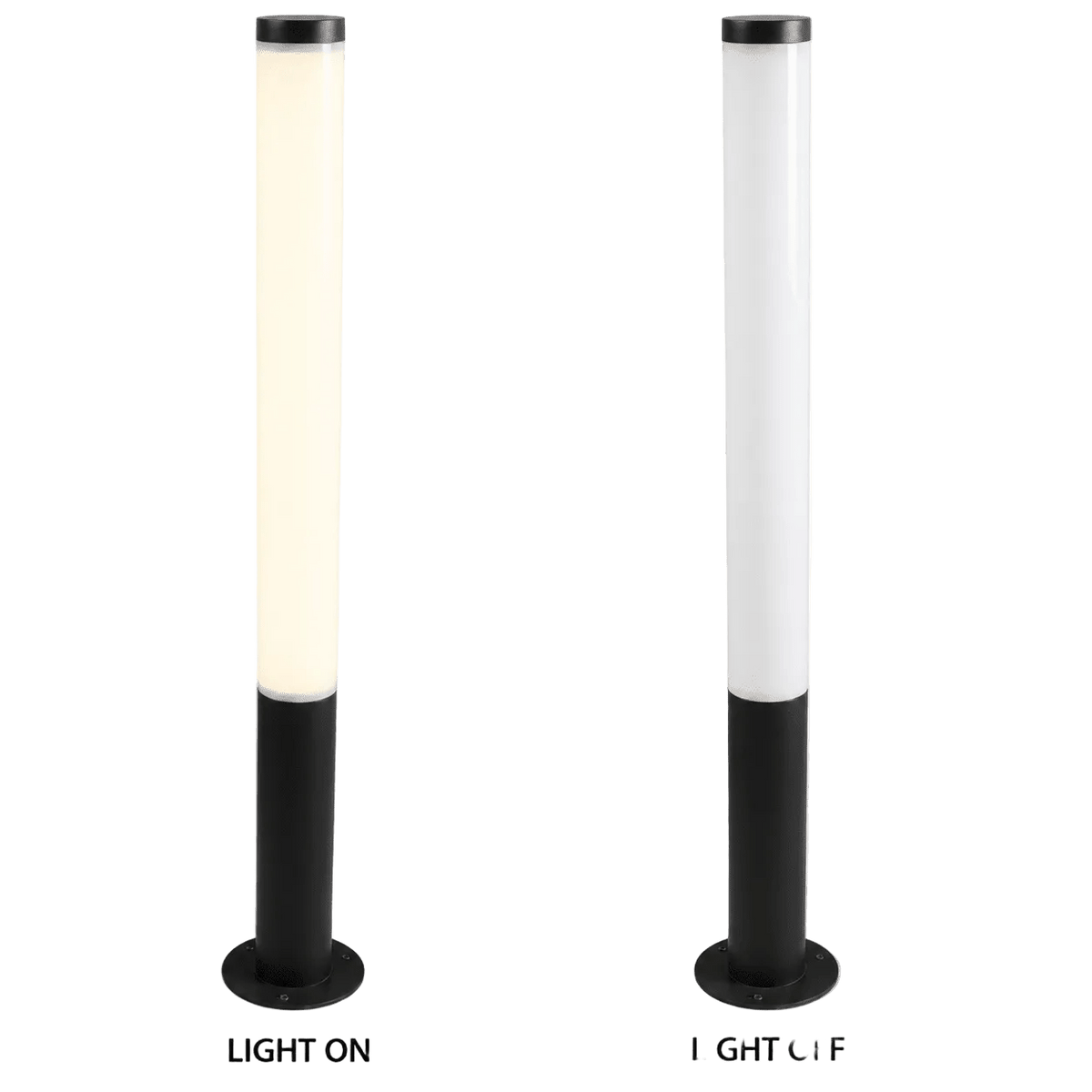 Two black LED bollard lights side by side; one illuminated with a warm white glow, the other off.