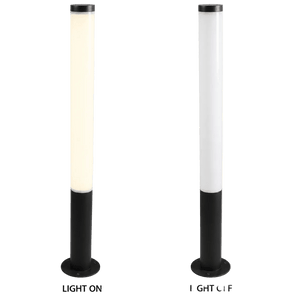 Two black LED bollard lights side by side; one illuminated with a warm white glow, the other off.