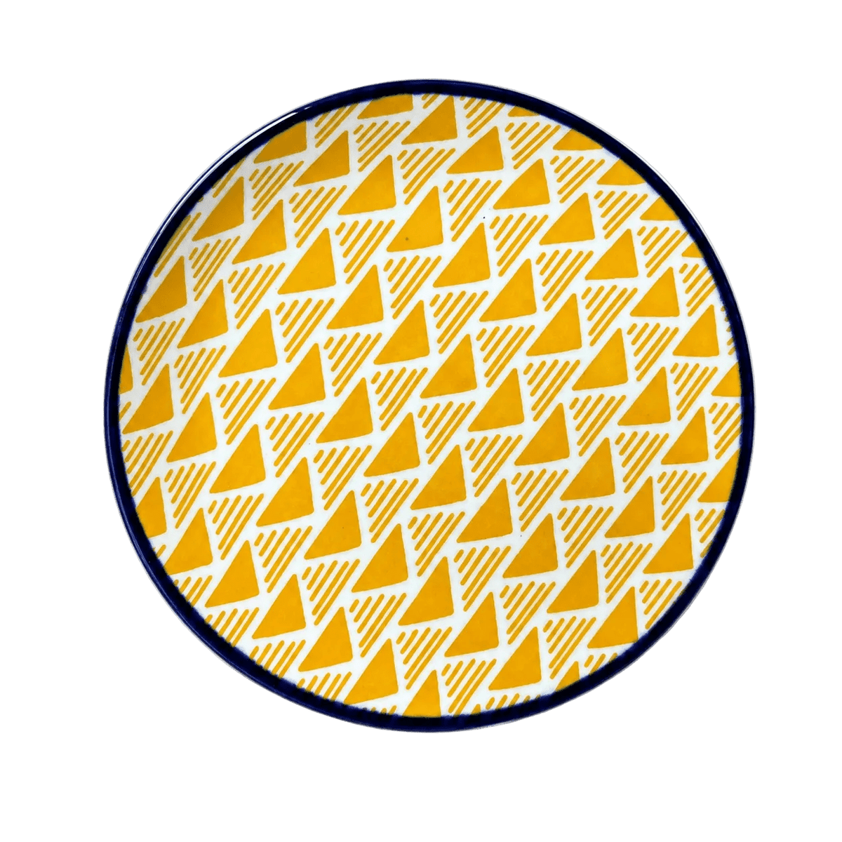 Ceramic flat bowl featuring a white interior with orange triangle patterns and a dark blue rim.