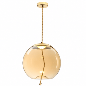 Gold-finished pendant with twisted rope suspension and amber glass orb, lit against white background.