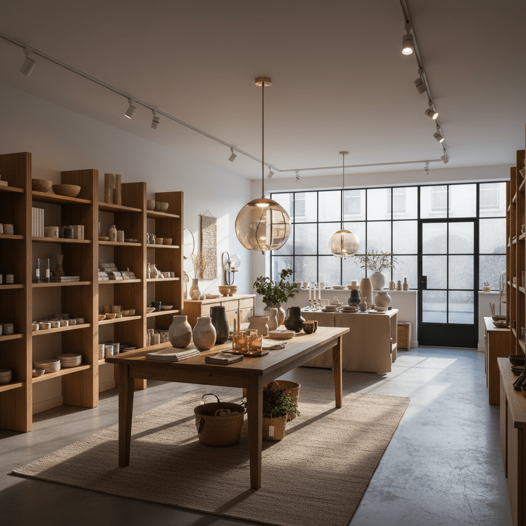 Glass orb pendant with rope suspension hanging over a wooden table in a bright showroom