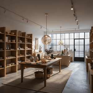 Glass orb pendant with rope suspension hanging over a wooden table in a bright showroom