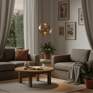 Amber glass orb pendant with rope hangs over a round wooden coffee table in a cozy living room scene.
