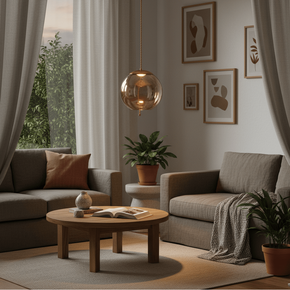 Amber glass orb pendant with rope hangs over a round wooden coffee table in a cozy living room scene.