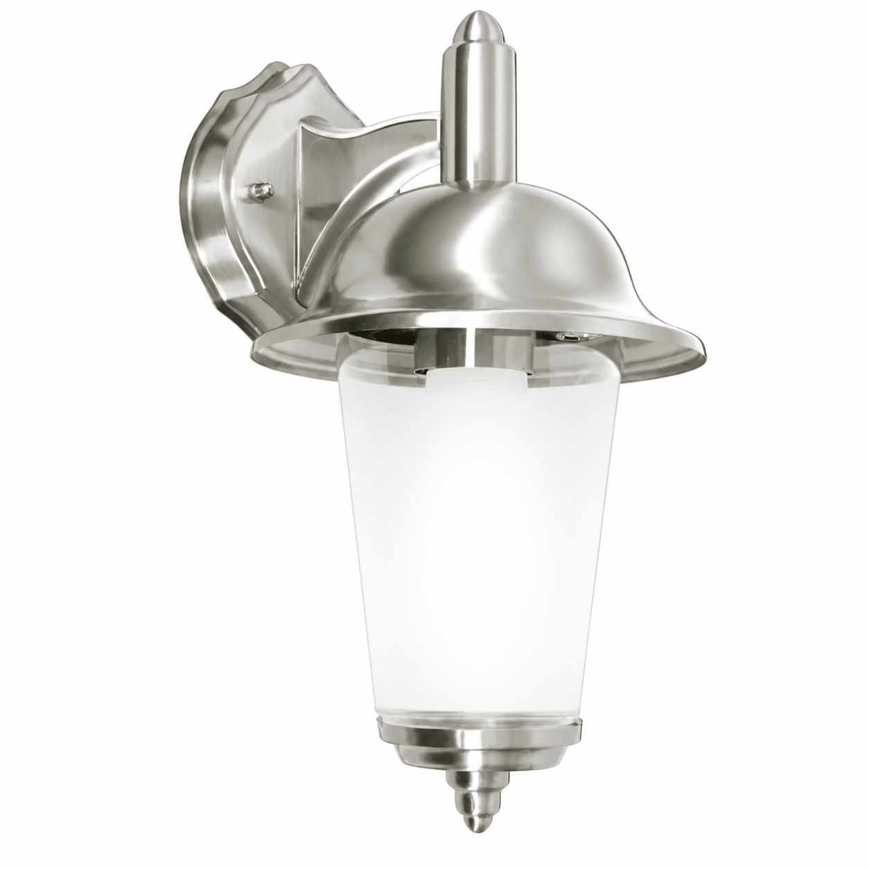 Stainless steel outdoor wall light with a clear polycarbonate cover, designed for practical outdoor illumination.