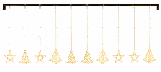 Warm white star and Christmas tree fairy curtain light, 3M length, hanging from a rod.