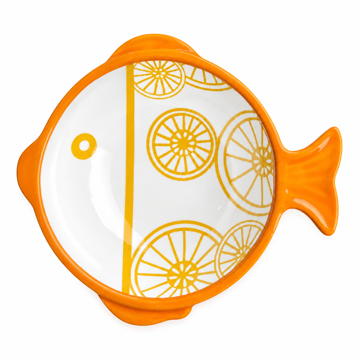 Ceramic fish-shaped bowl with orange slices design, featuring a glossy finish and playful form.
