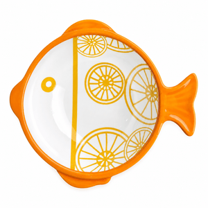 Ceramic fish-shaped bowl with orange slices design, featuring a glossy finish and playful form.