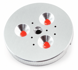 Three LED puck lights with red lenses on a silver circular base